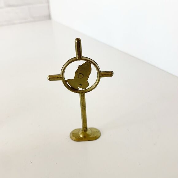 Vintage Brass Prayer Hands Cross Statuette Figure 3 Inch - Picture 2 of 5